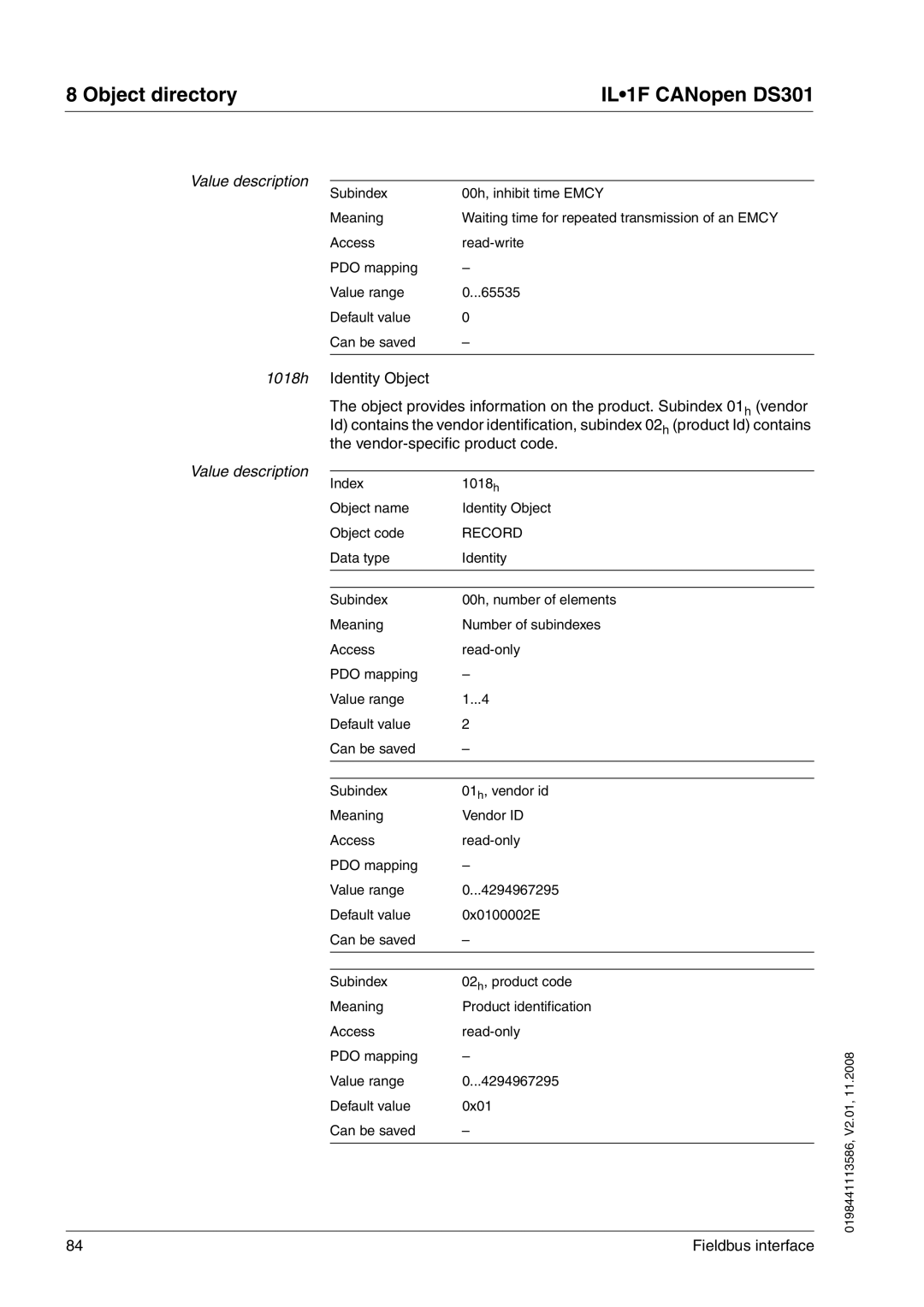 Schneider Electric DS301 manual Index 1018 h Object name Identity Object Object code 