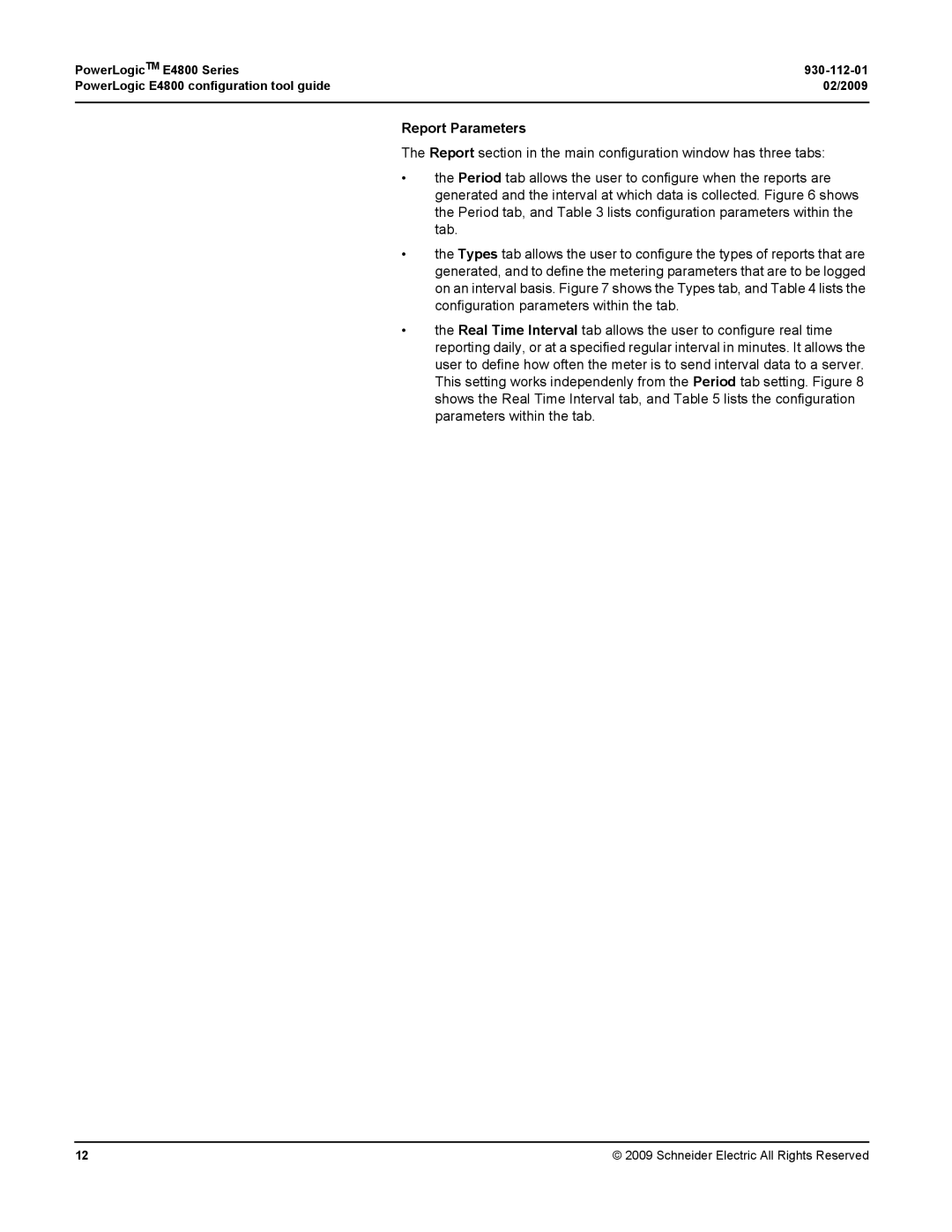 Schneider Electric E4800 manual Report Parameters 