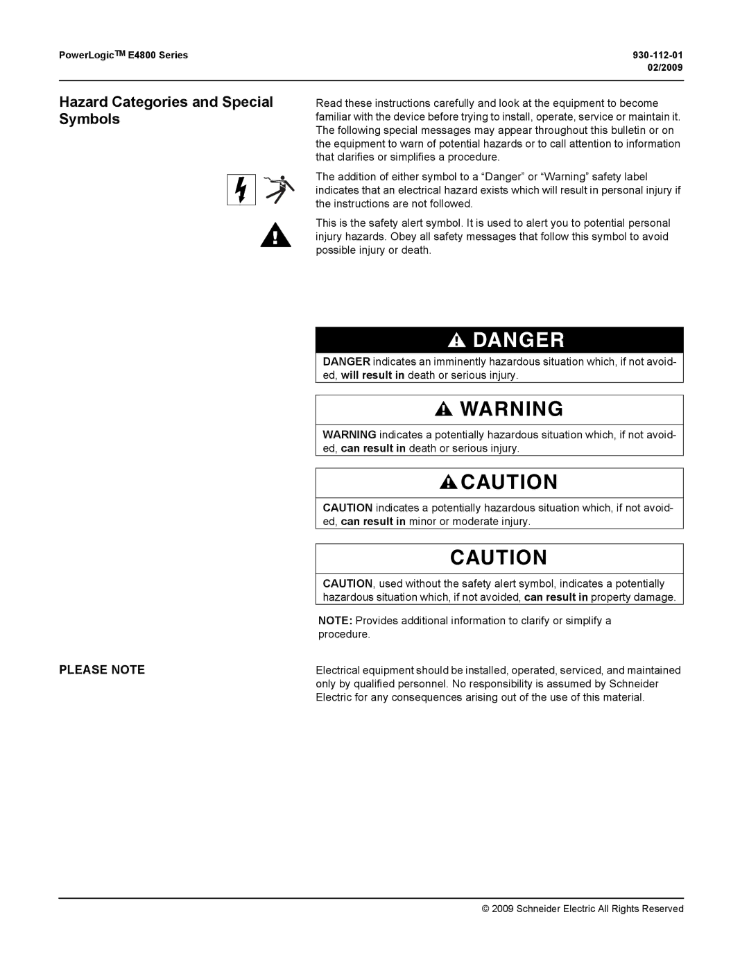 Schneider Electric manual Hazard Categories and Special Symbols, PowerLogicTM E4800 Series 930-112-01 02/2009 