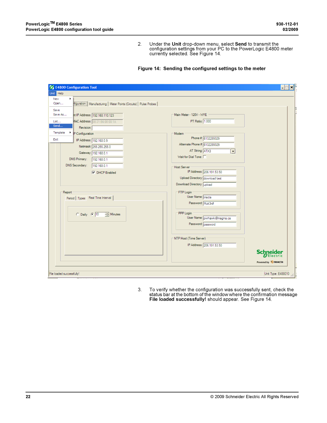 Schneider Electric E4800 manual Sending the configured settings to the meter 