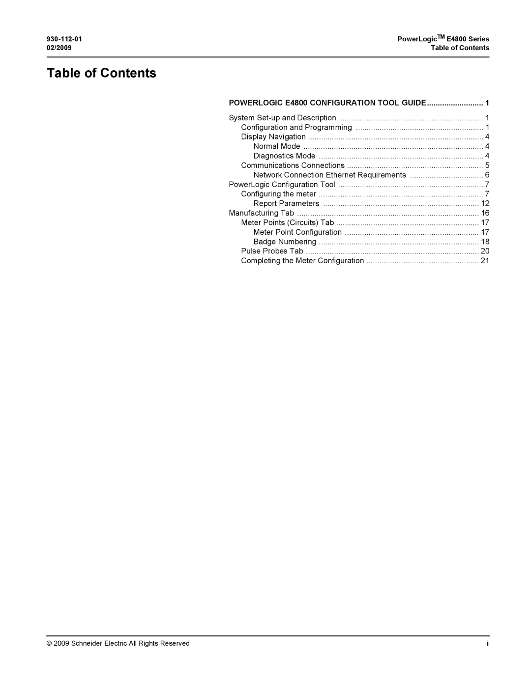 Schneider Electric E4800 manual Table of Contents 