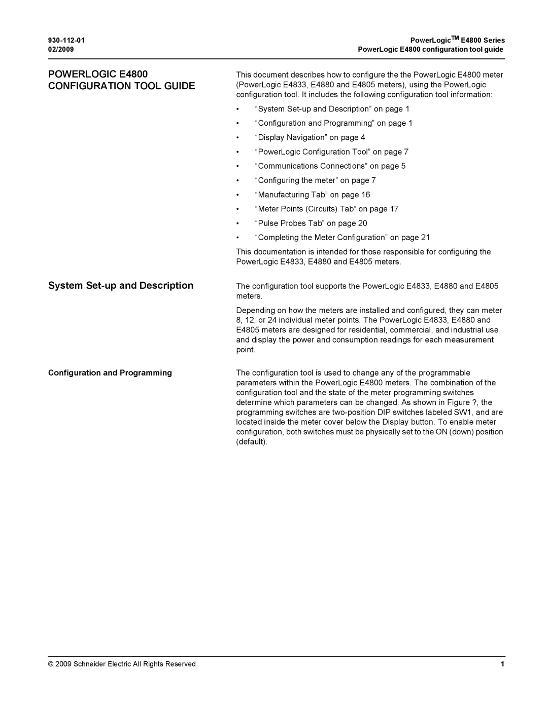 Schneider Electric manual Powerlogic E4800 Configuration Tool Guide, Configuration and Programming 