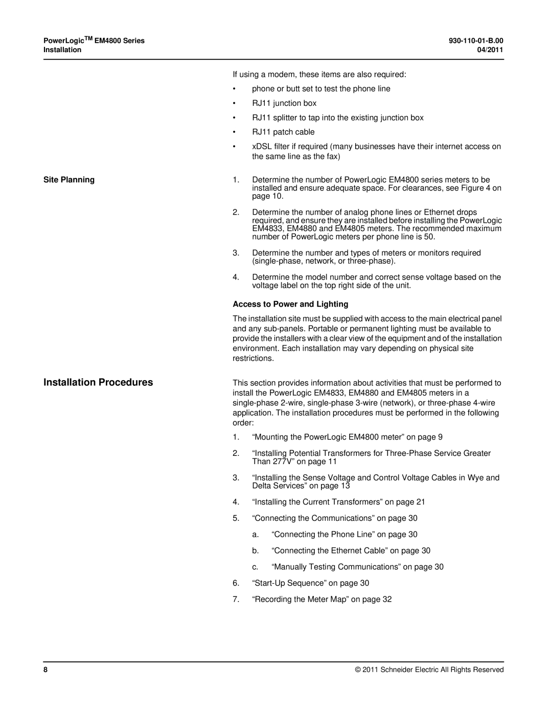 Schneider Electric E4800 manual Site Planning, Access to Power and Lighting 