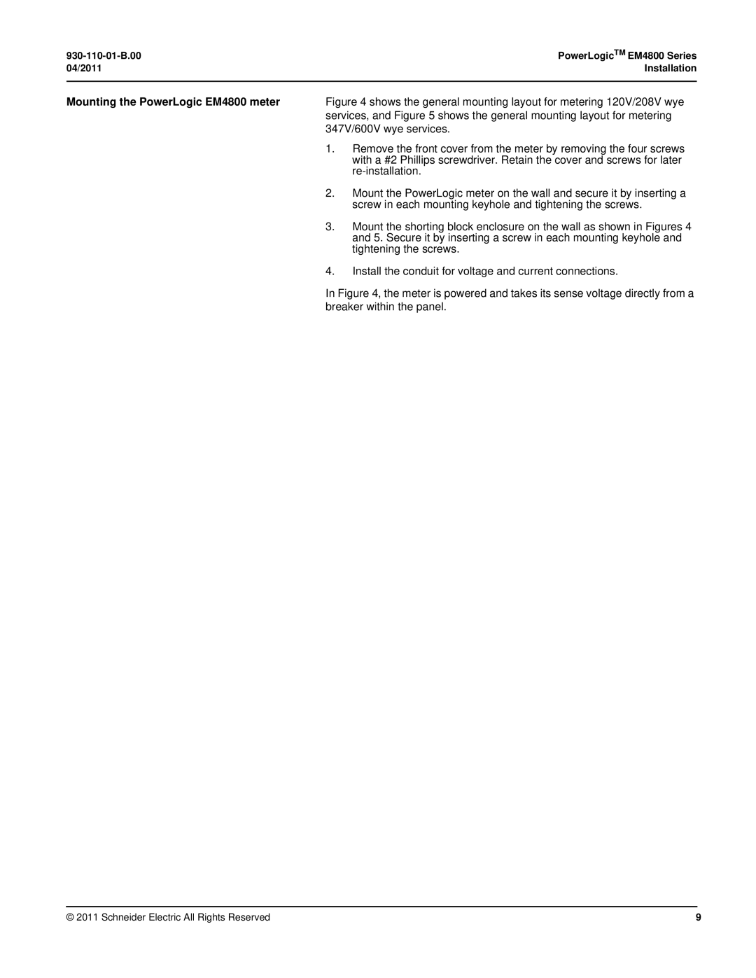 Schneider Electric E4800 manual Mounting the PowerLogic EM4800 meter 