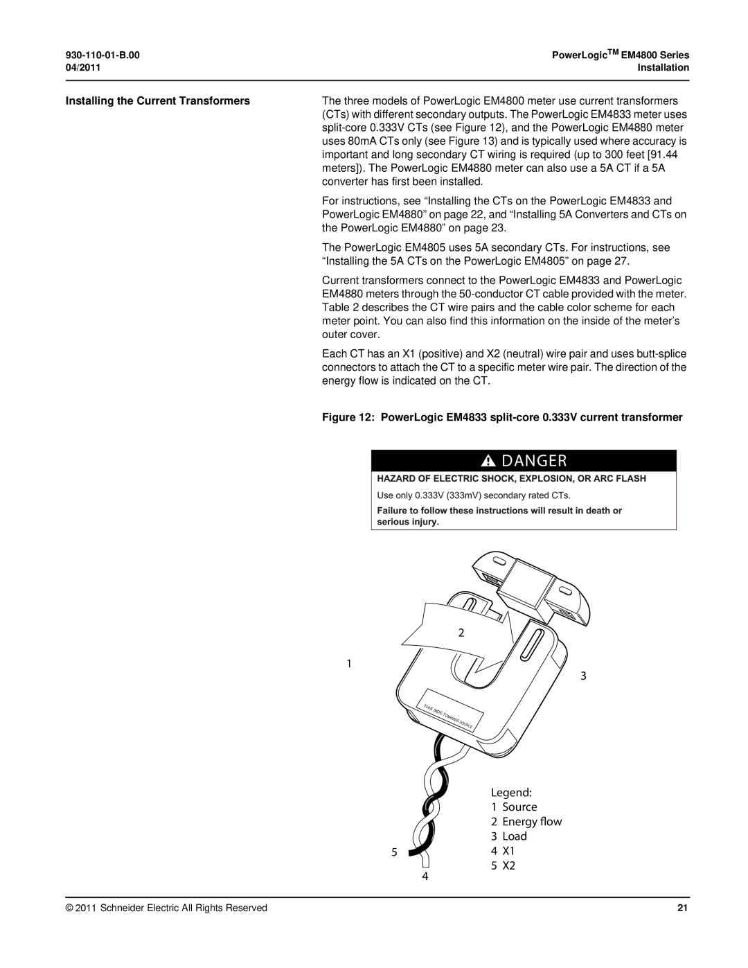 Schneider Electric E4800 manual Installing the Current Transformers 