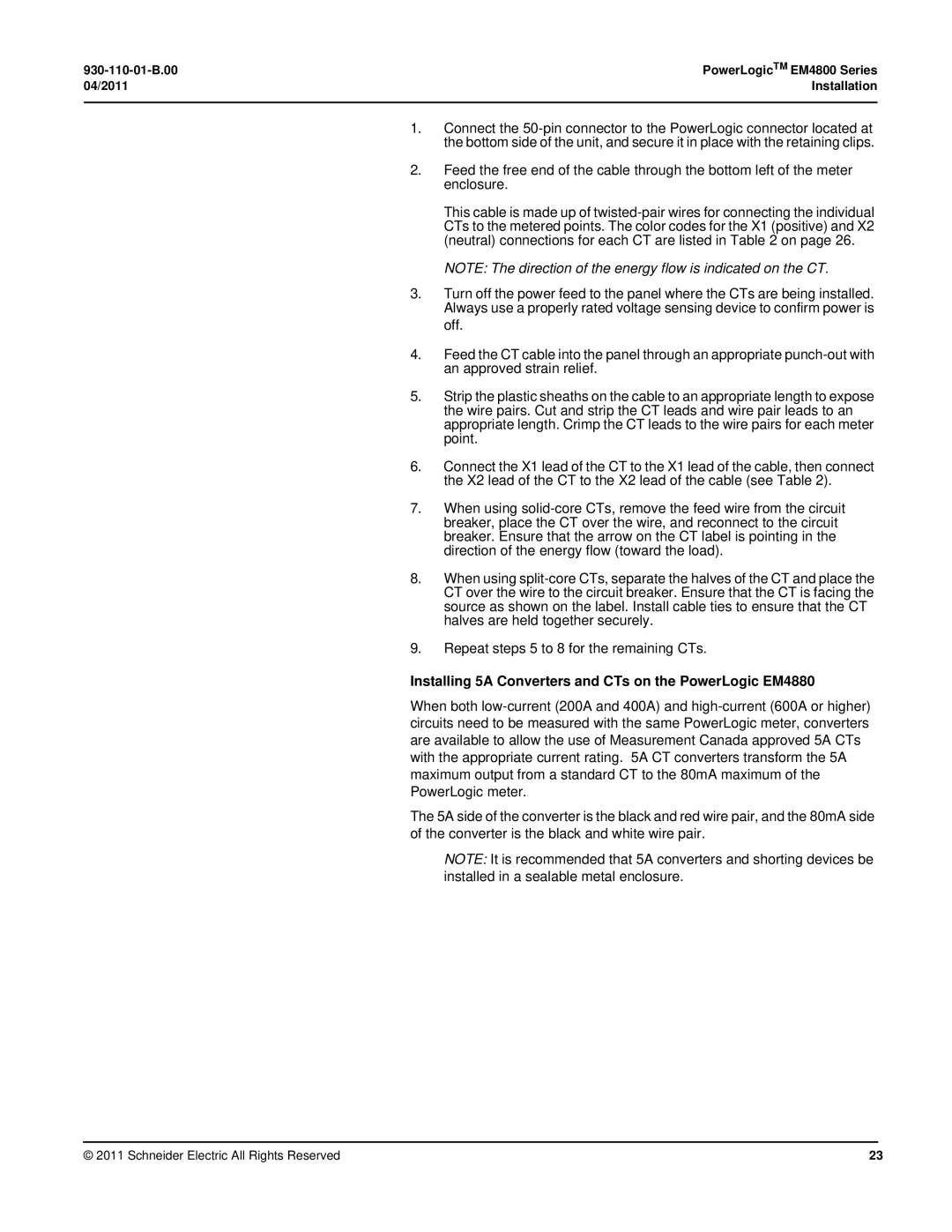 Schneider Electric E4800 manual Installing 5A Converters and CTs on the PowerLogic EM4880 