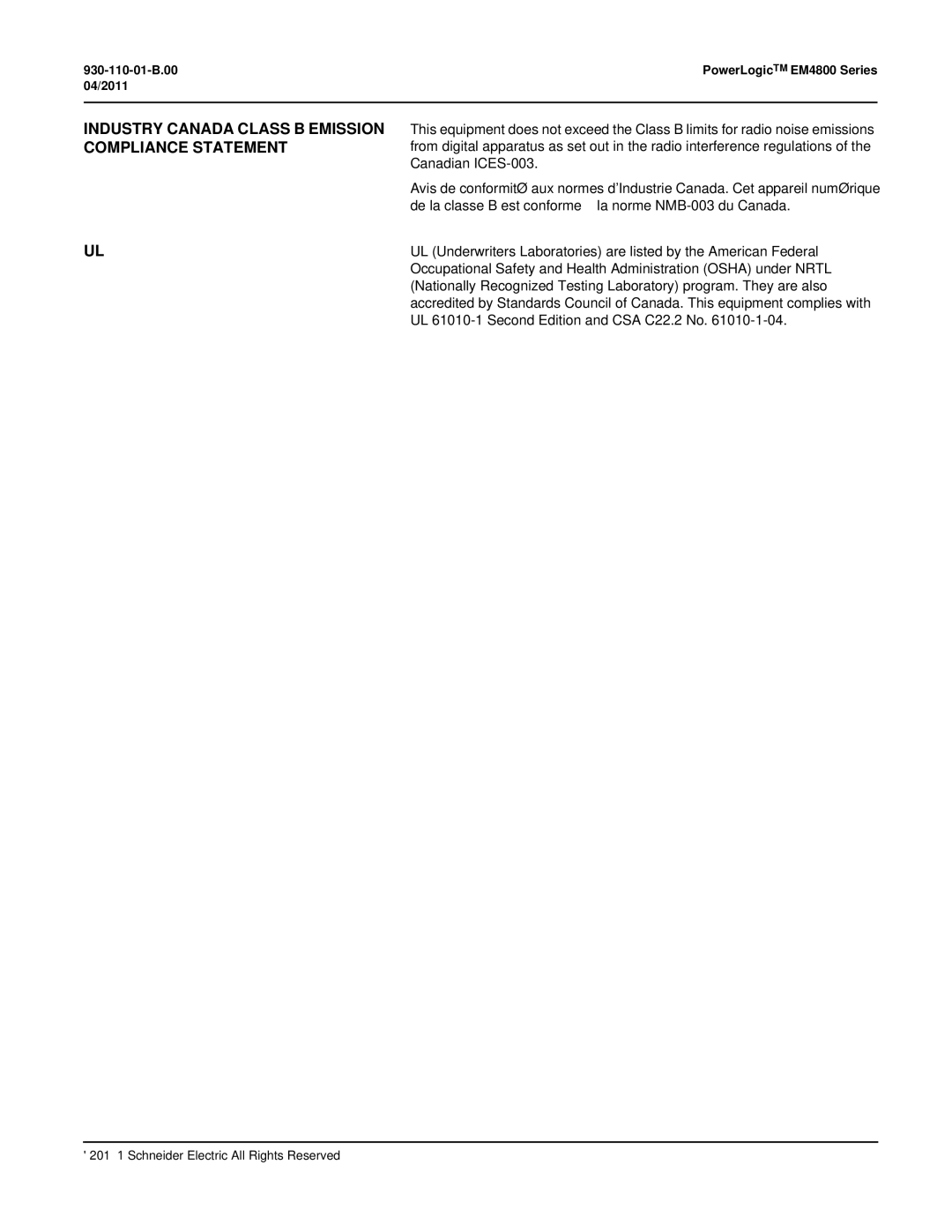 Schneider Electric E4800 manual Industry Canada Class B Emission Compliance Statement 