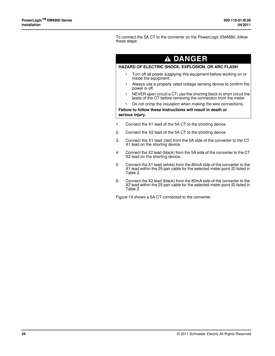 Schneider Electric E4800 manual Shows a 5A CT connected to the converter 