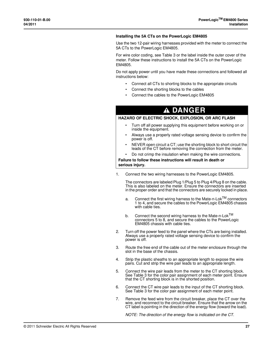 Schneider Electric E4800 manual Installing the 5A CTs on the PowerLogic EM4805 