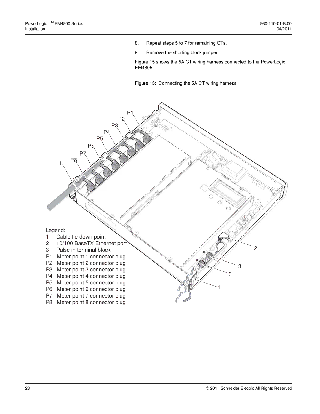 Schneider Electric E4800 manual Repeat steps 5 to 7 for remaining CTs, Remove the shorting block jumper 