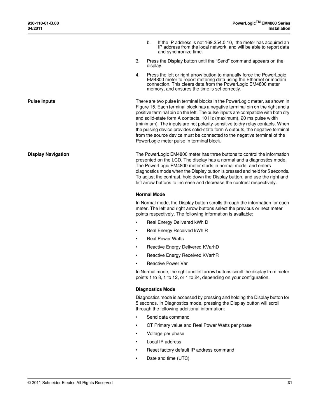 Schneider Electric E4800 manual Pulse Inputs, Display Navigation, Normal Mode, Diagnostics Mode 