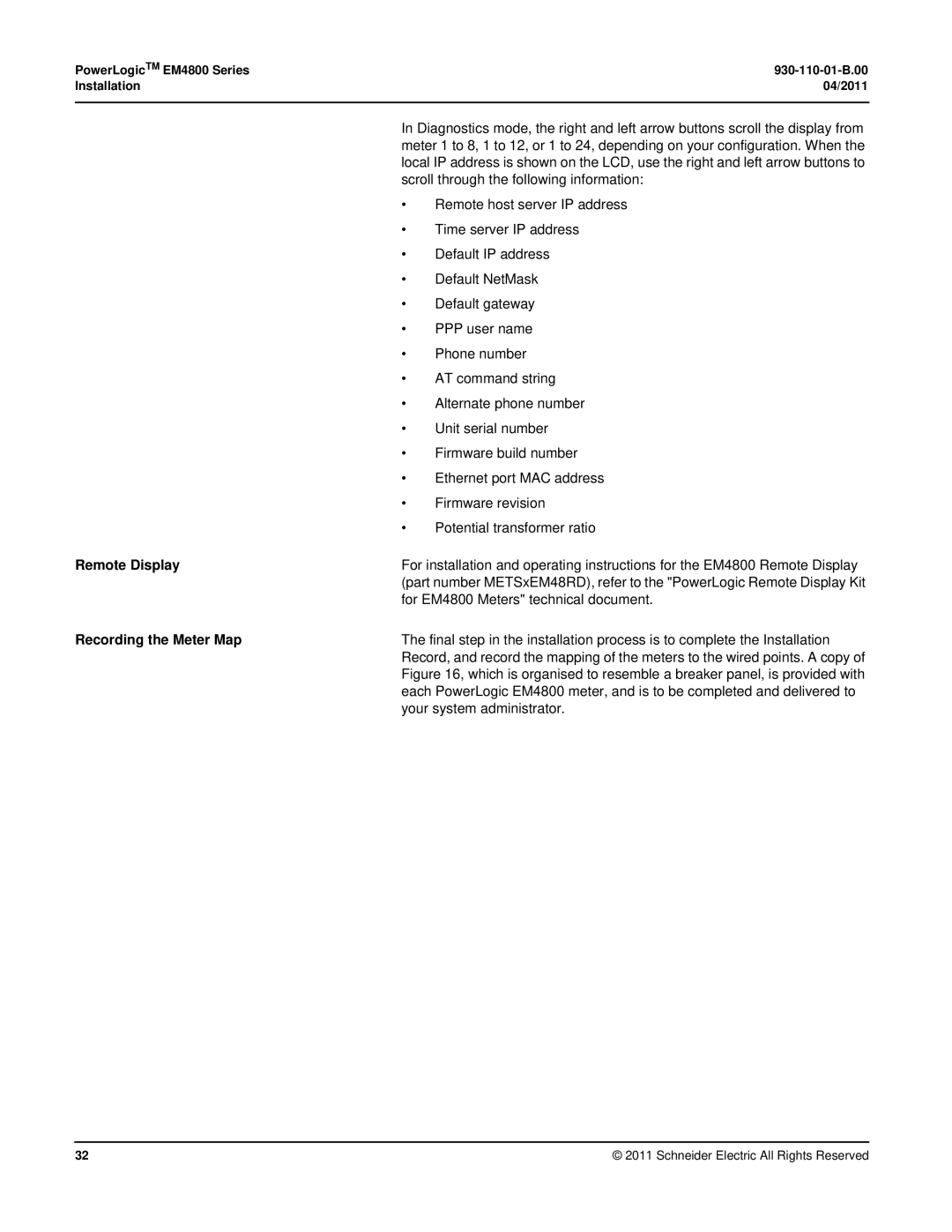 Schneider Electric E4800 manual Remote Display, Recording the Meter Map 