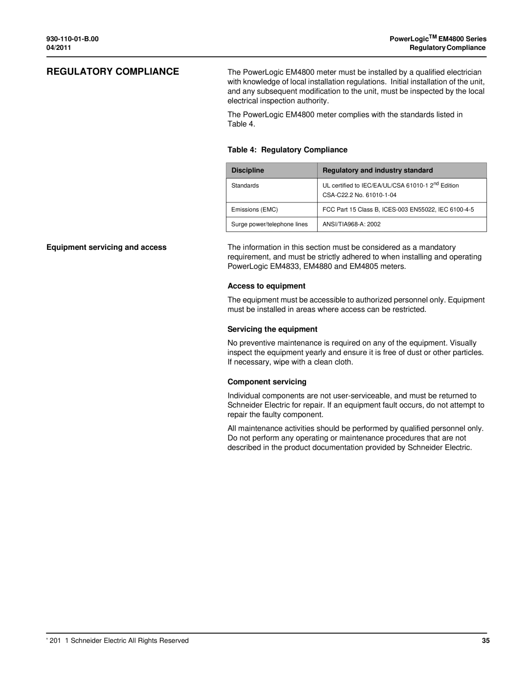 Schneider Electric E4800 manual Regulatory Compliance 