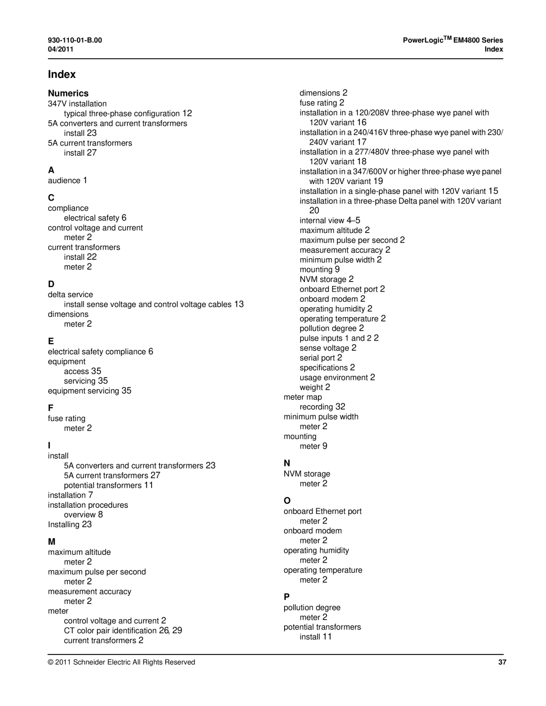 Schneider Electric E4800 manual Index 