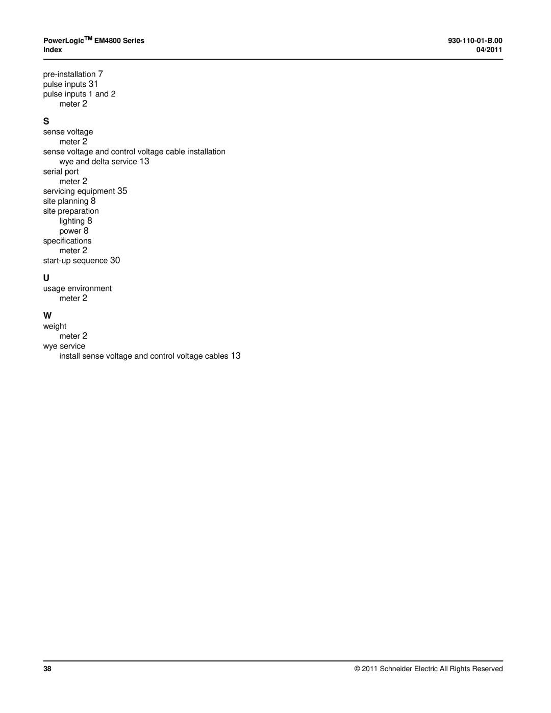 Schneider Electric E4800 manual PowerLogicTM EM4800 Series 930-110-01-B.00 Index 04/2011 