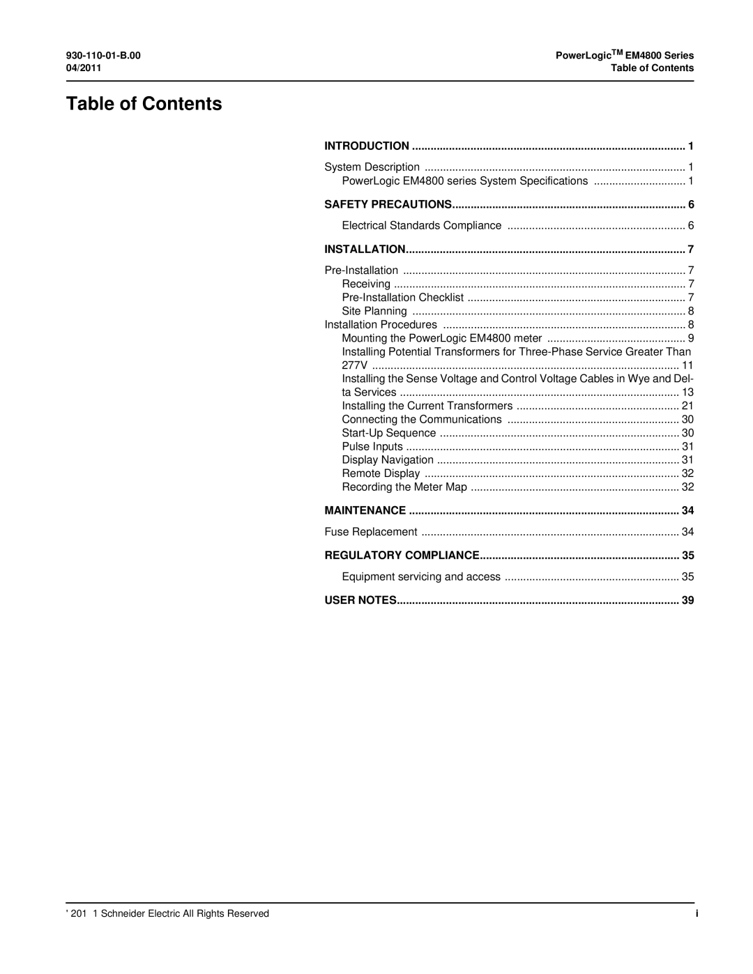 Schneider Electric E4800 manual Table of Contents 