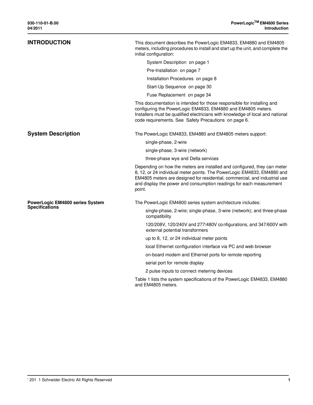 Schneider Electric E4800 manual Introduction, PowerLogic EM4800 series System Specifications 