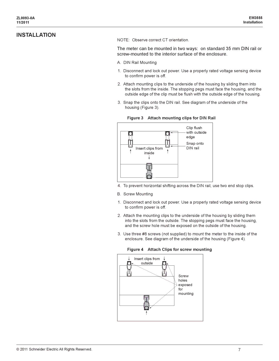 Schneider Electric EM3555 manual Installation, Attach mounting clips for DIN Rail 