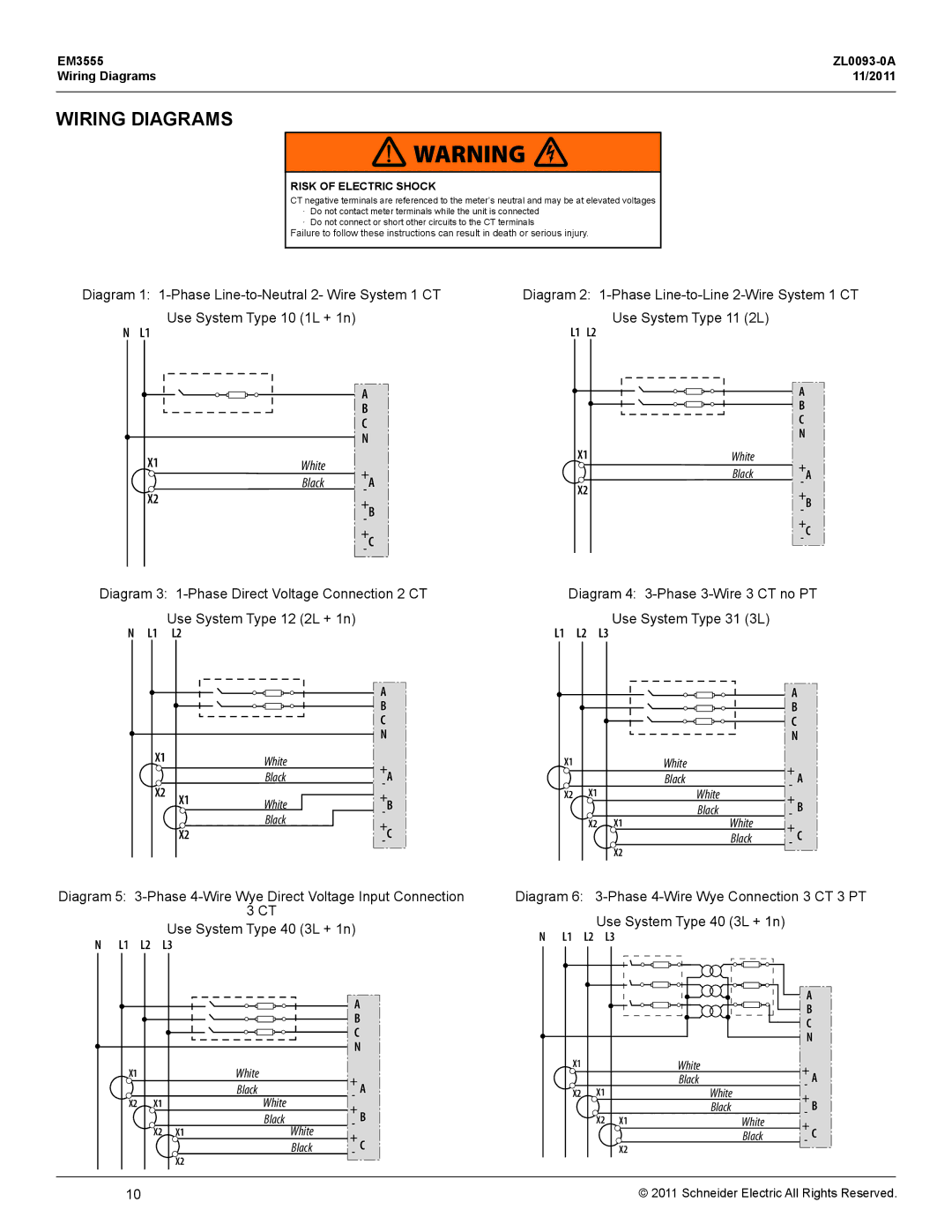 Schneider Electric EM3555 manual Wiring Diagrams, Use System Type 11 2L, Diagram Phase 4-Wire Wye Connection 3 CT 3 PT 