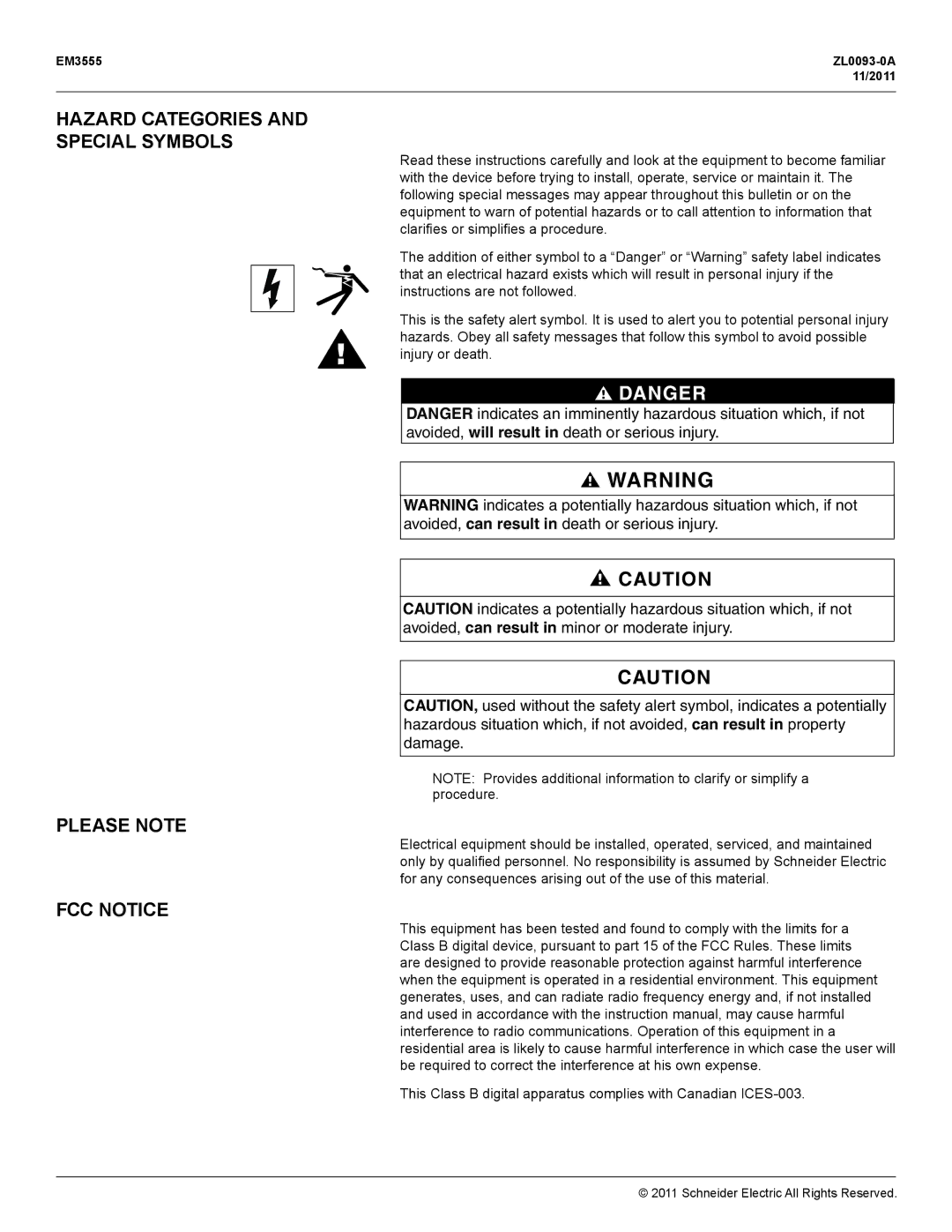 Schneider Electric EM3555 manual Hazard Categories Special Symbols, Please Note, FCC Notice 