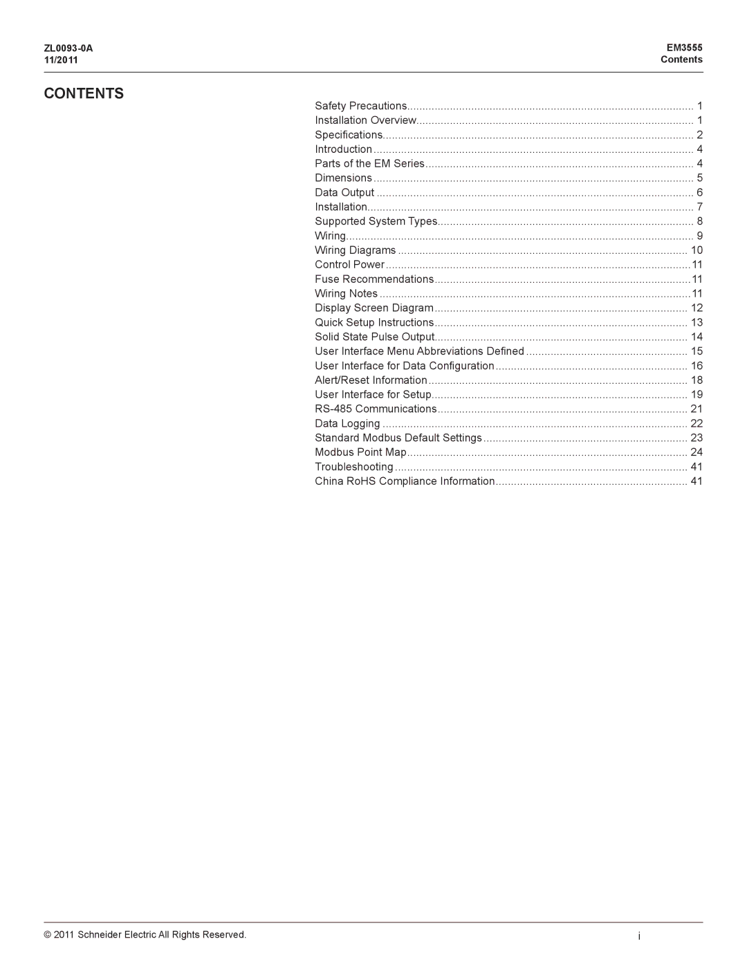 Schneider Electric EM3555 manual Contents 