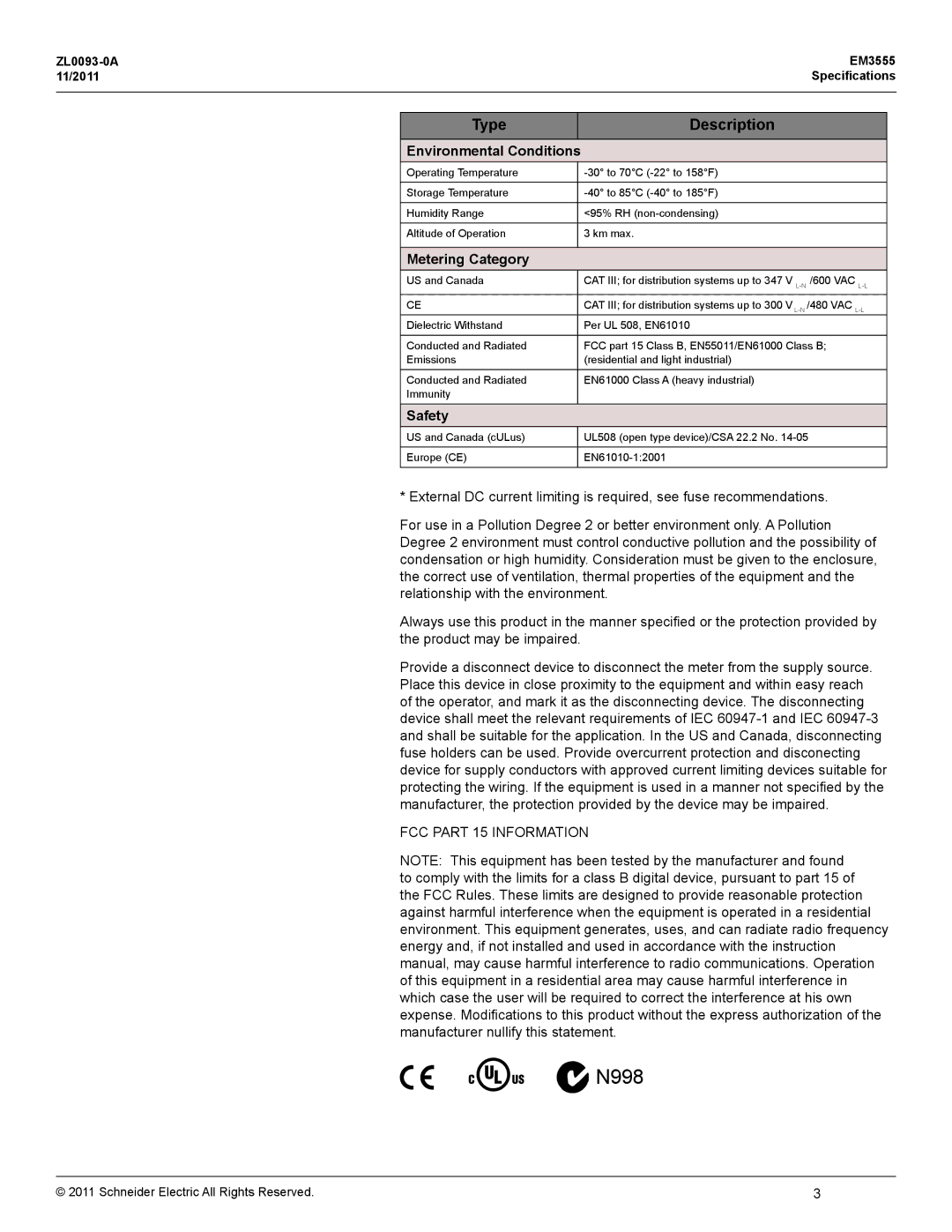 Schneider Electric EM3555 manual Environmental Conditions, Metering Category, Safety 