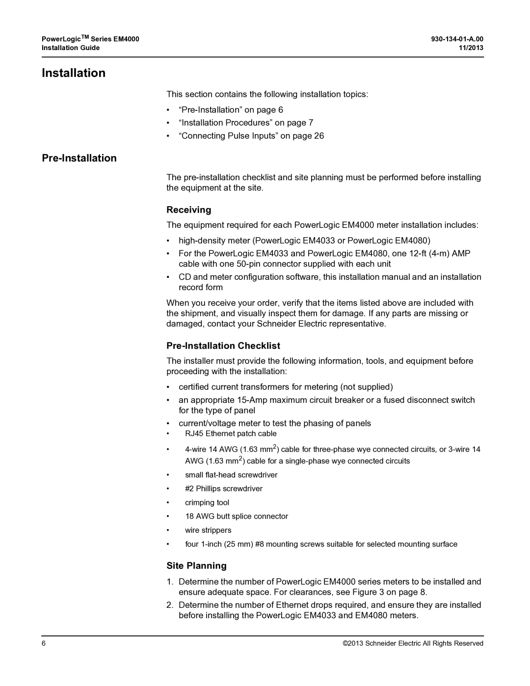 Schneider Electric EM4000 manual Receiving, Pre-Installation Checklist, Site Planning 