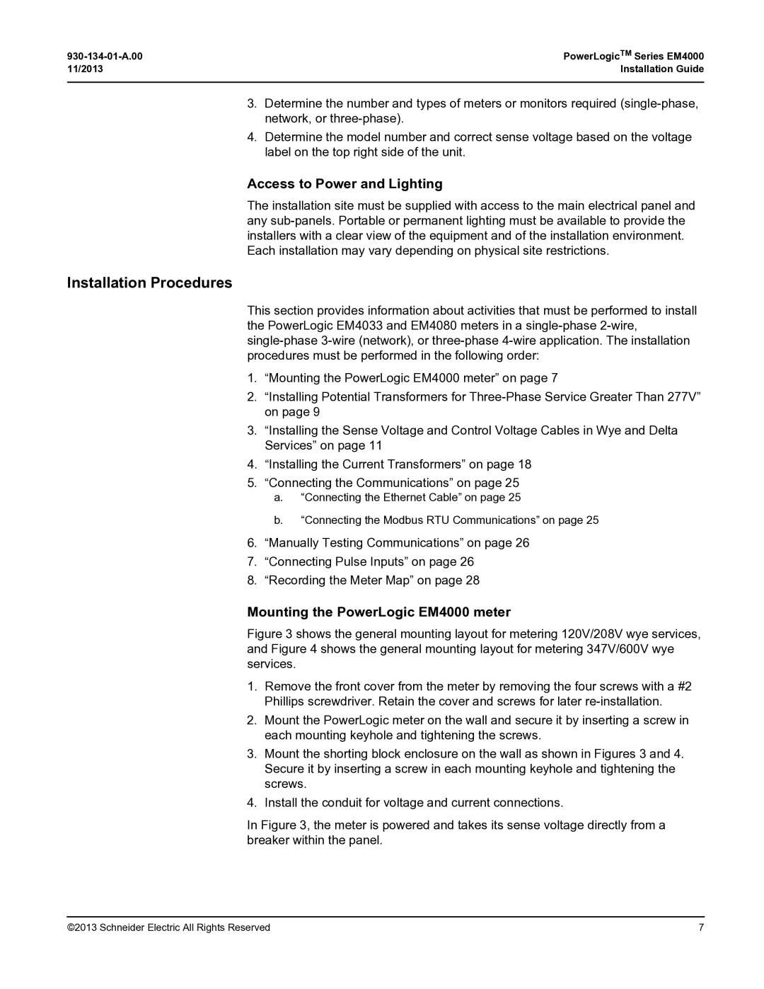 Schneider Electric manual Installation Procedures, Access to Power and Lighting, Mounting the PowerLogic EM4000 meter 