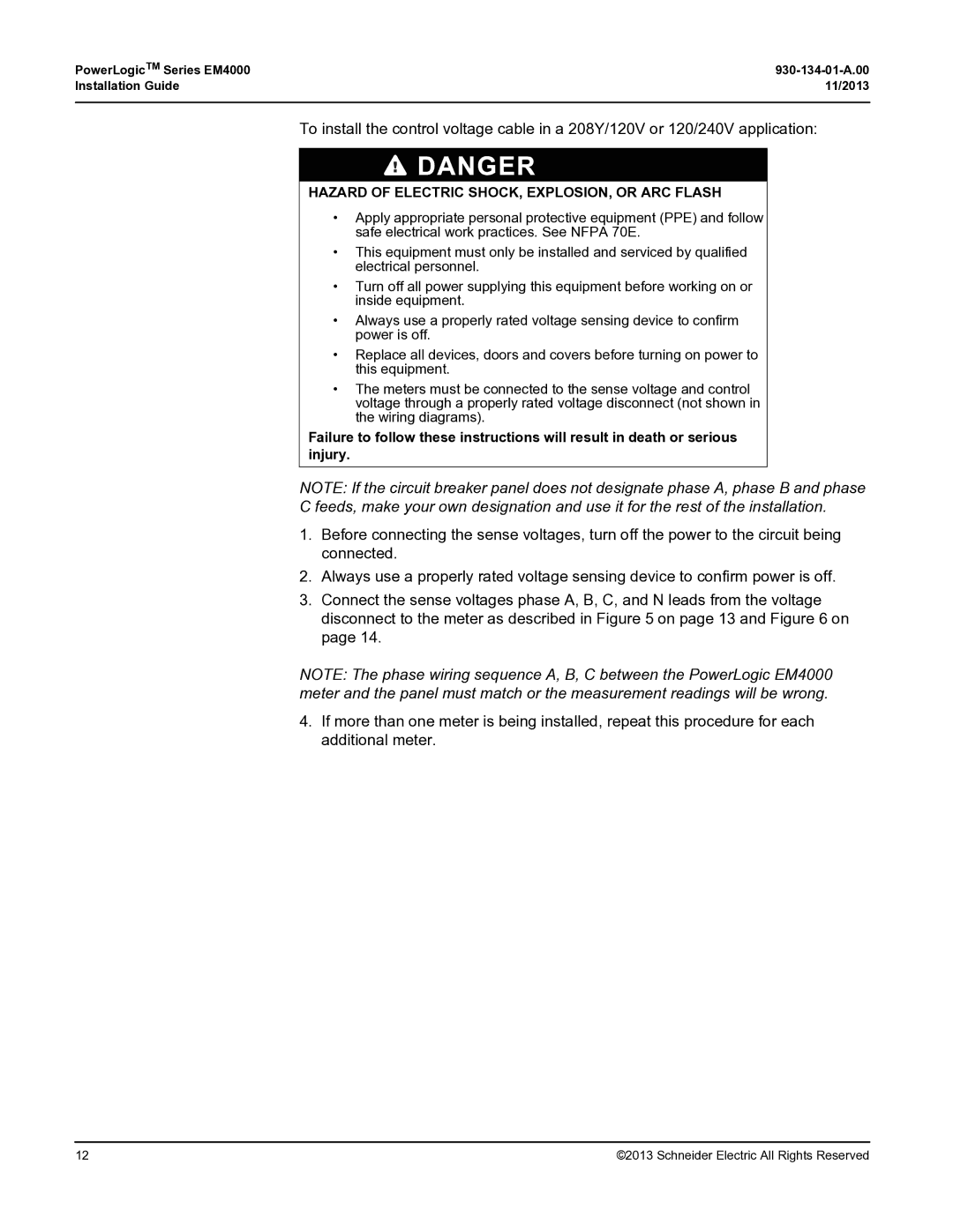 Schneider Electric EM4000 manual Hazard of Electric SHOCK, EXPLOSION, or ARC Flash 