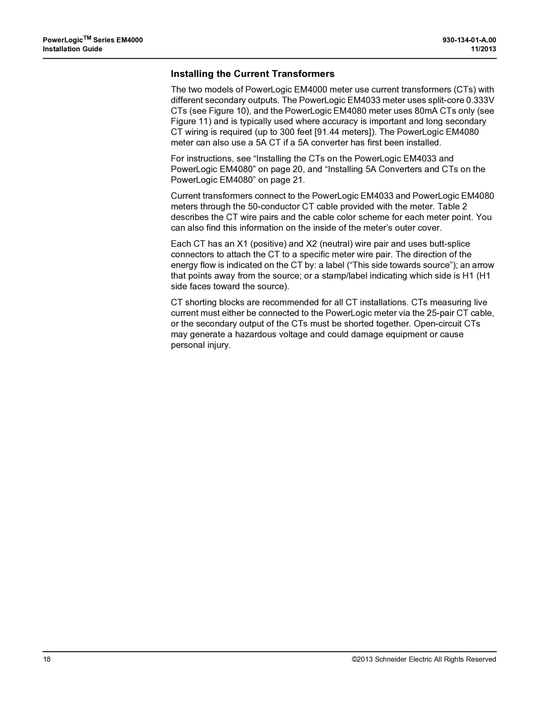 Schneider Electric EM4000 manual Installing the Current Transformers 