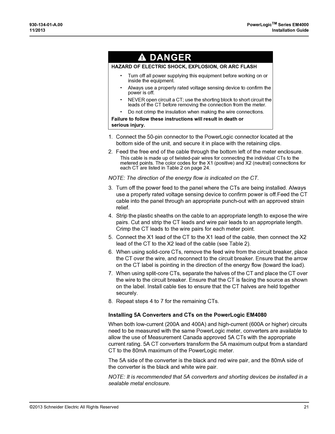 Schneider Electric EM4000 manual Installing 5A Converters and CTs on the PowerLogic EM4080 