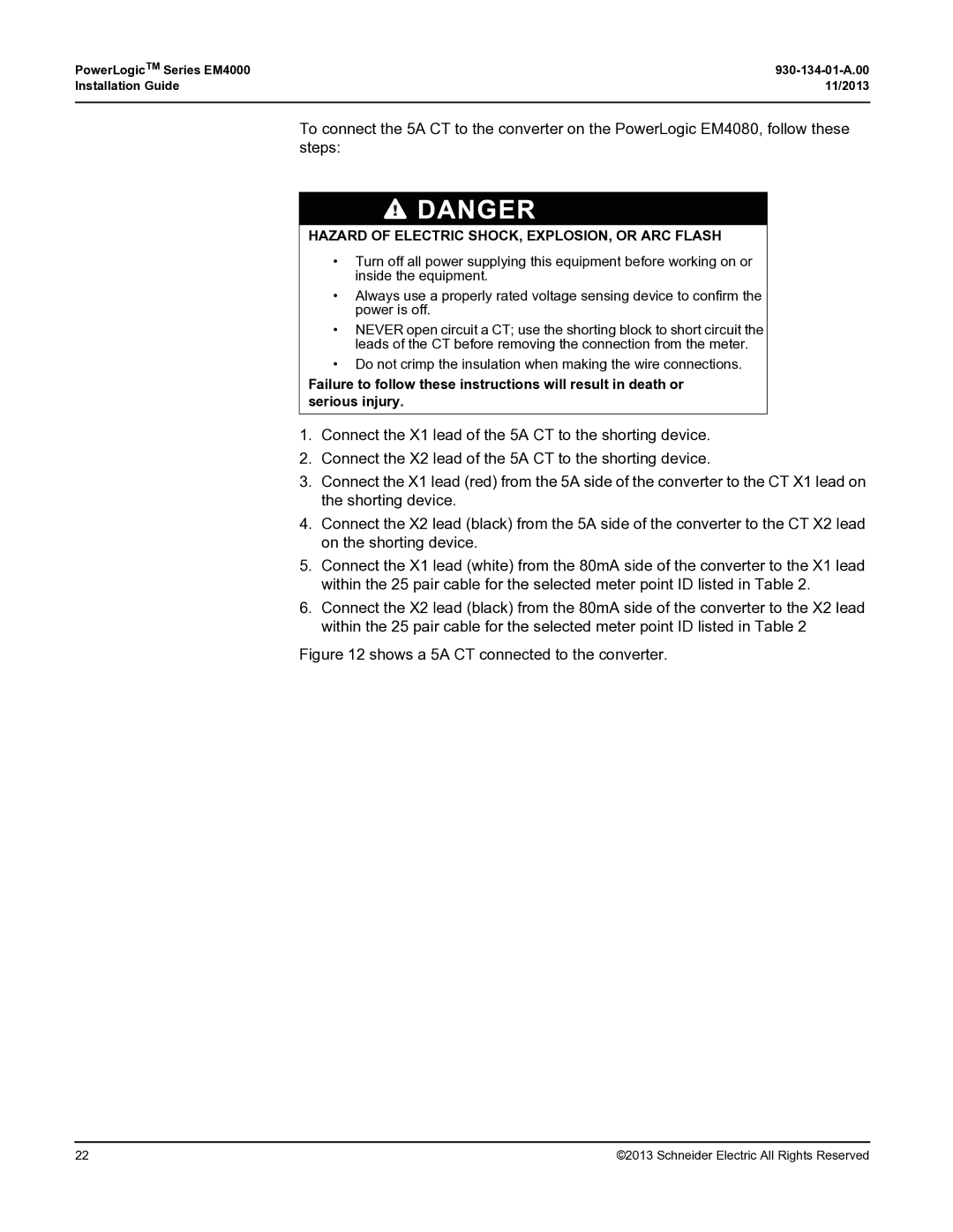 Schneider Electric EM4000 manual Steps, Shows a 5A CT connected to the converter 