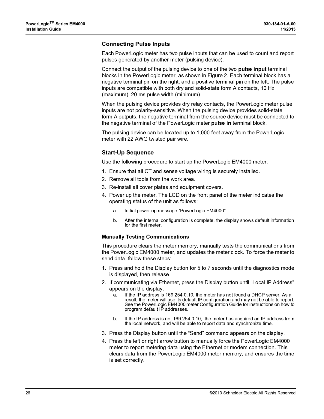 Schneider Electric EM4000 manual Connecting Pulse Inputs, Start-Up Sequence, Manually Testing Communications 