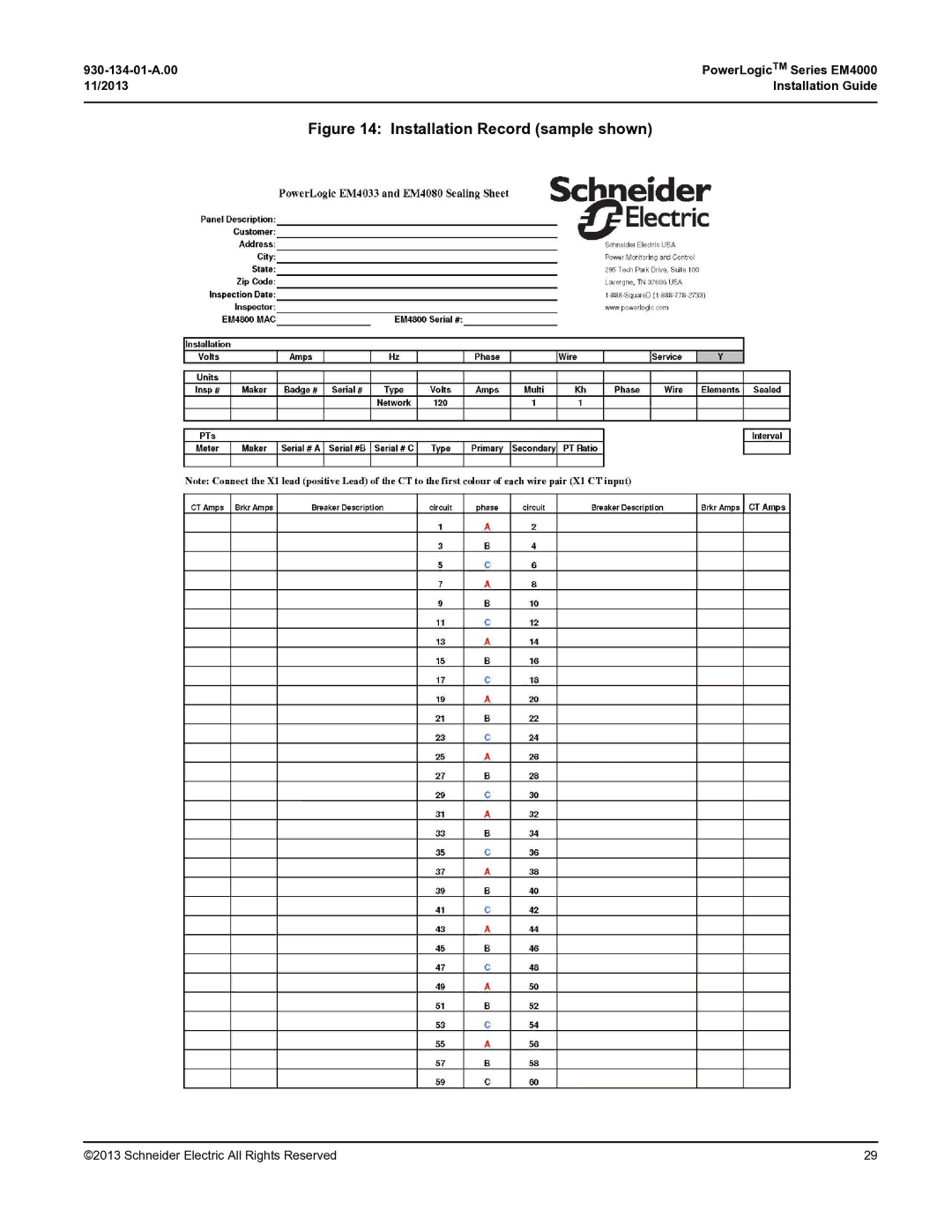 Schneider Electric EM4000 manual Installation Record sample shown 