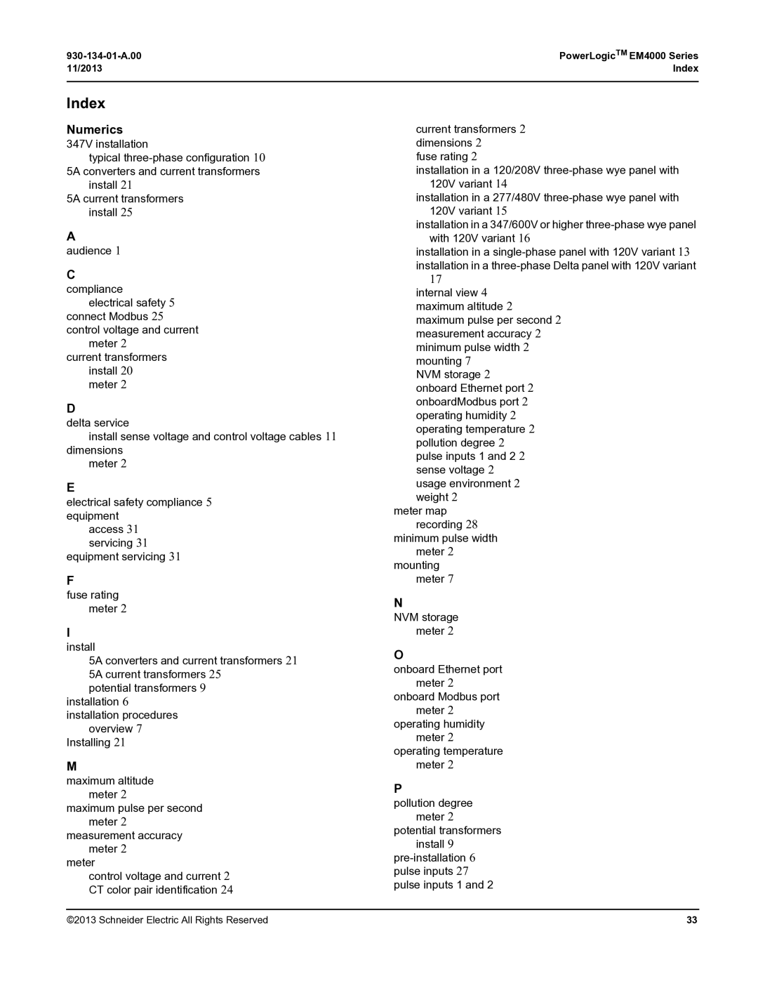 Schneider Electric EM4000 manual Index, Numerics 