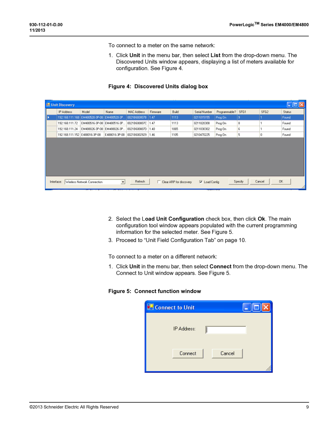 Schneider Electric EM400, EM4800 manual Discovered Units dialog box 