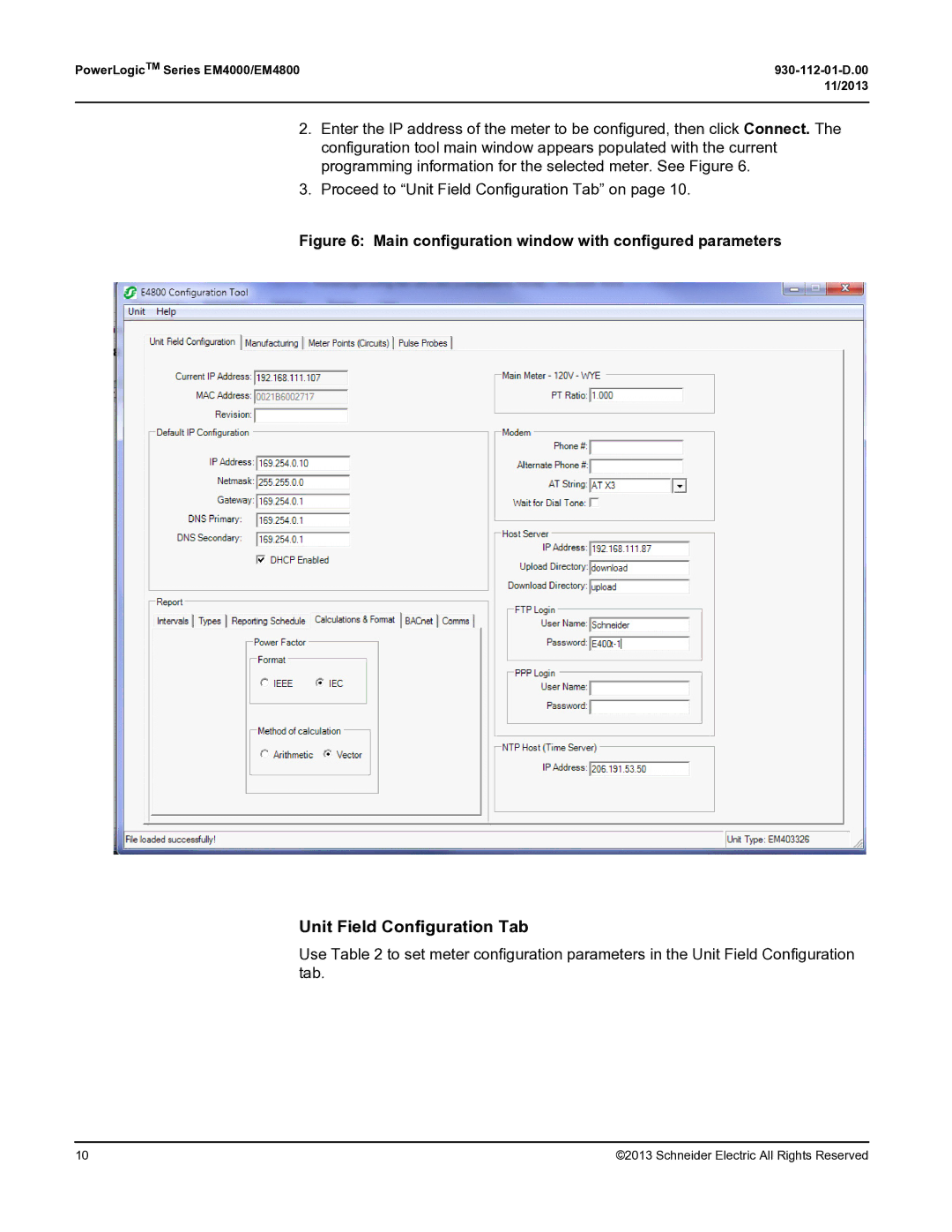 Schneider Electric EM4800, EM400 manual Unit Field Configuration Tab, Main configuration window with configured parameters 