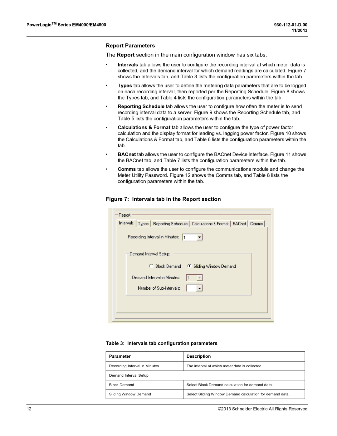 Schneider Electric EM4800, EM400 manual Intervals tab configuration parameters, Parameter Description 