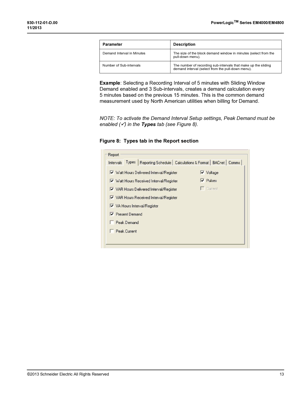 Schneider Electric EM400, EM4800 manual Types tab in the Report section, 11/2013 Parameter Description 