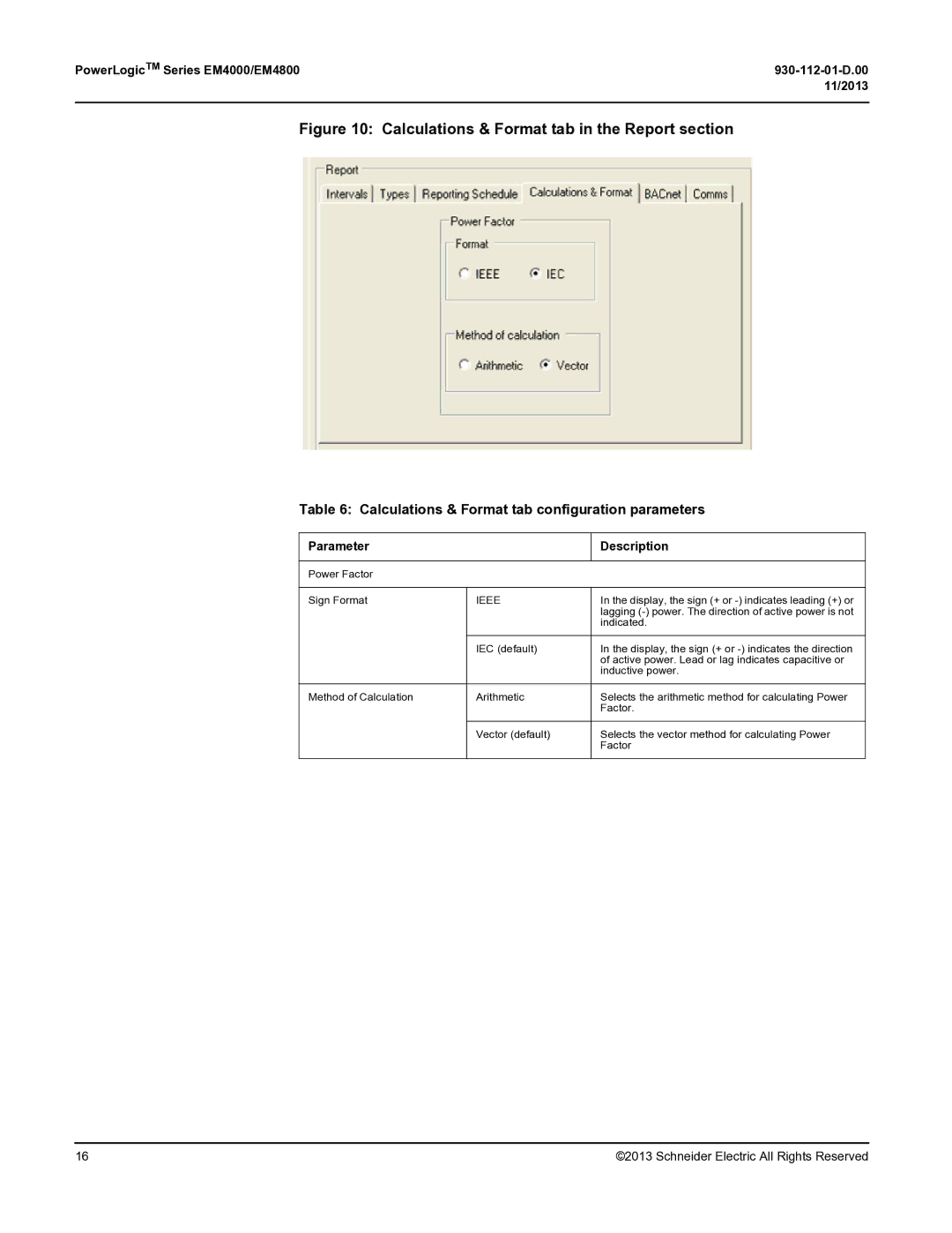 Schneider Electric EM4800, EM400 manual Calculations & Format tab configuration parameters, Ieee 