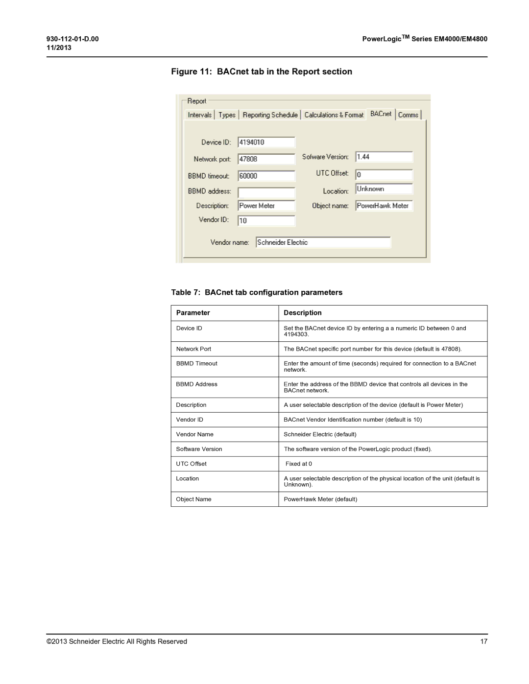 Schneider Electric EM400, EM4800 manual BACnet tab in the Report section, BACnet tab configuration parameters 