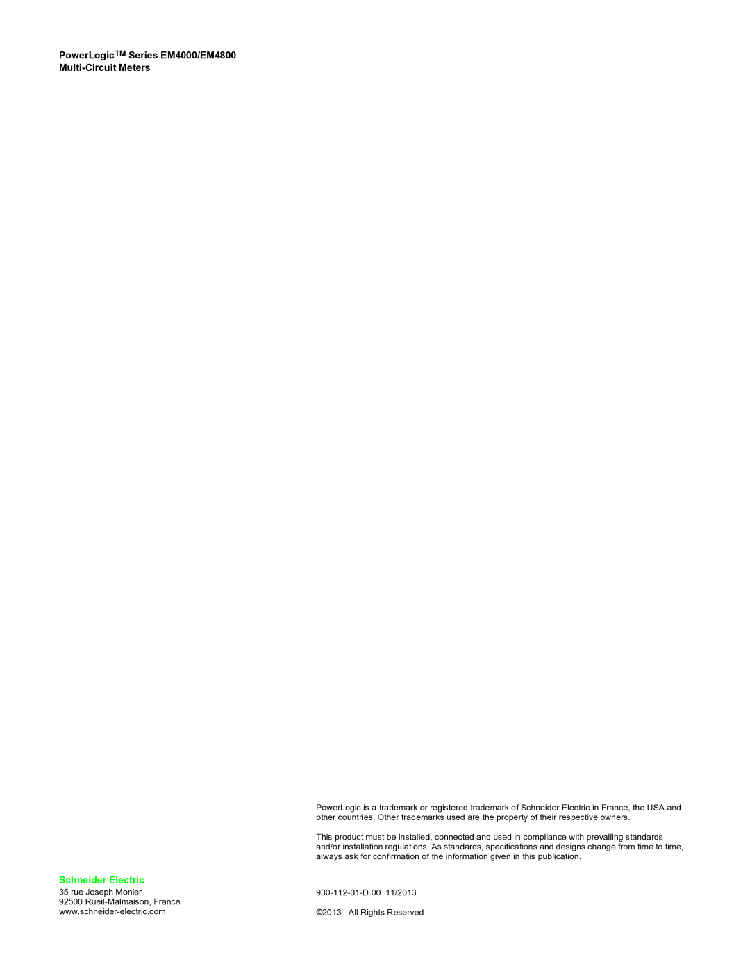 Schneider Electric manual PowerLogicTM Series EM4000/EM4800 Multi-Circuit Meters, Schneider Electric 