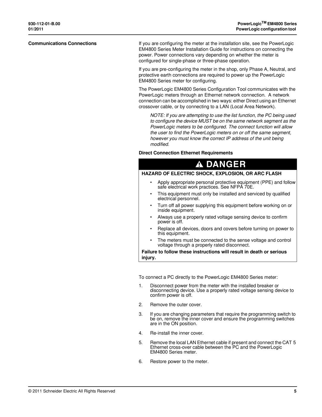 Schneider Electric EM4800 manual Communications Connections, Direct Connection Ethernet Requirements, Injury 