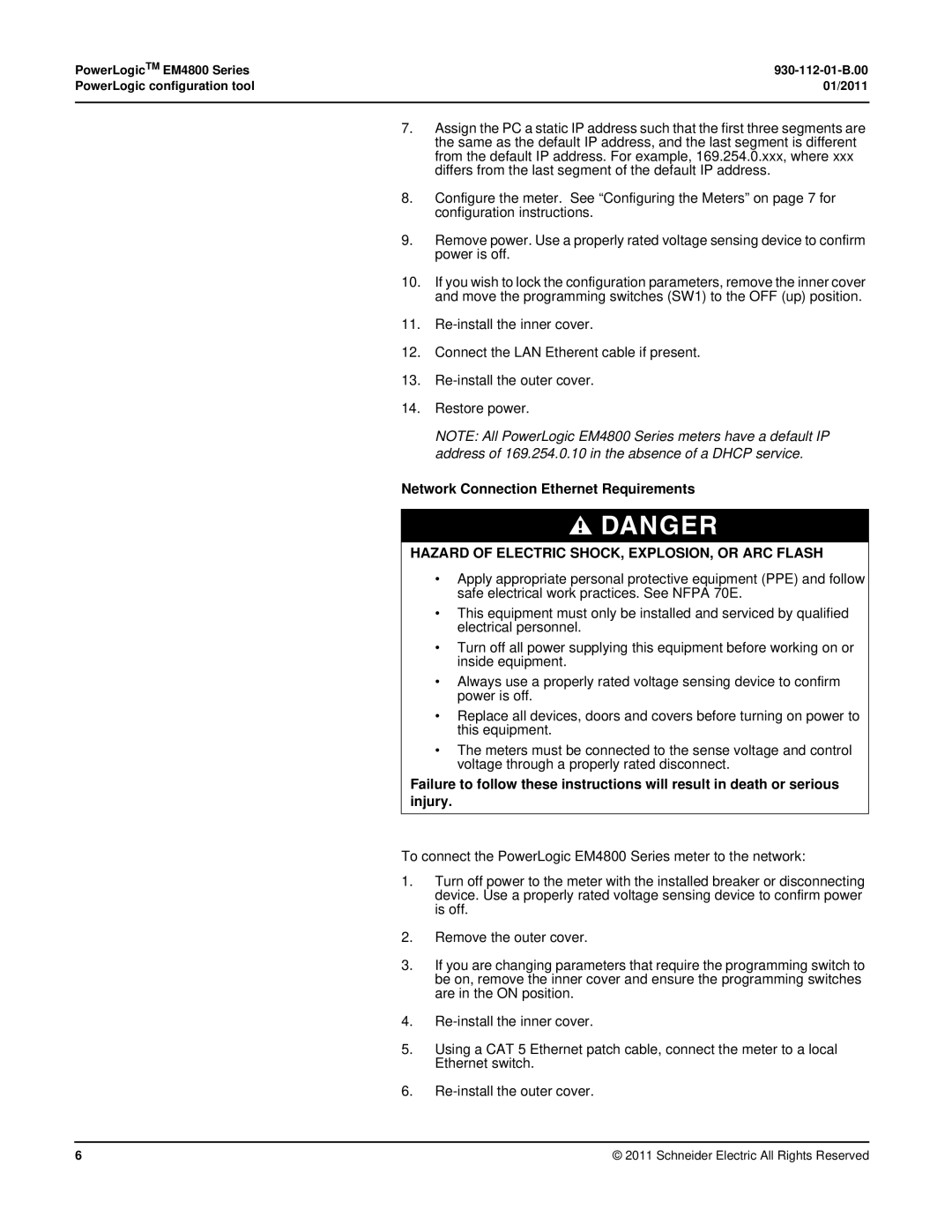 Schneider Electric EM4800 manual Network Connection Ethernet Requirements 