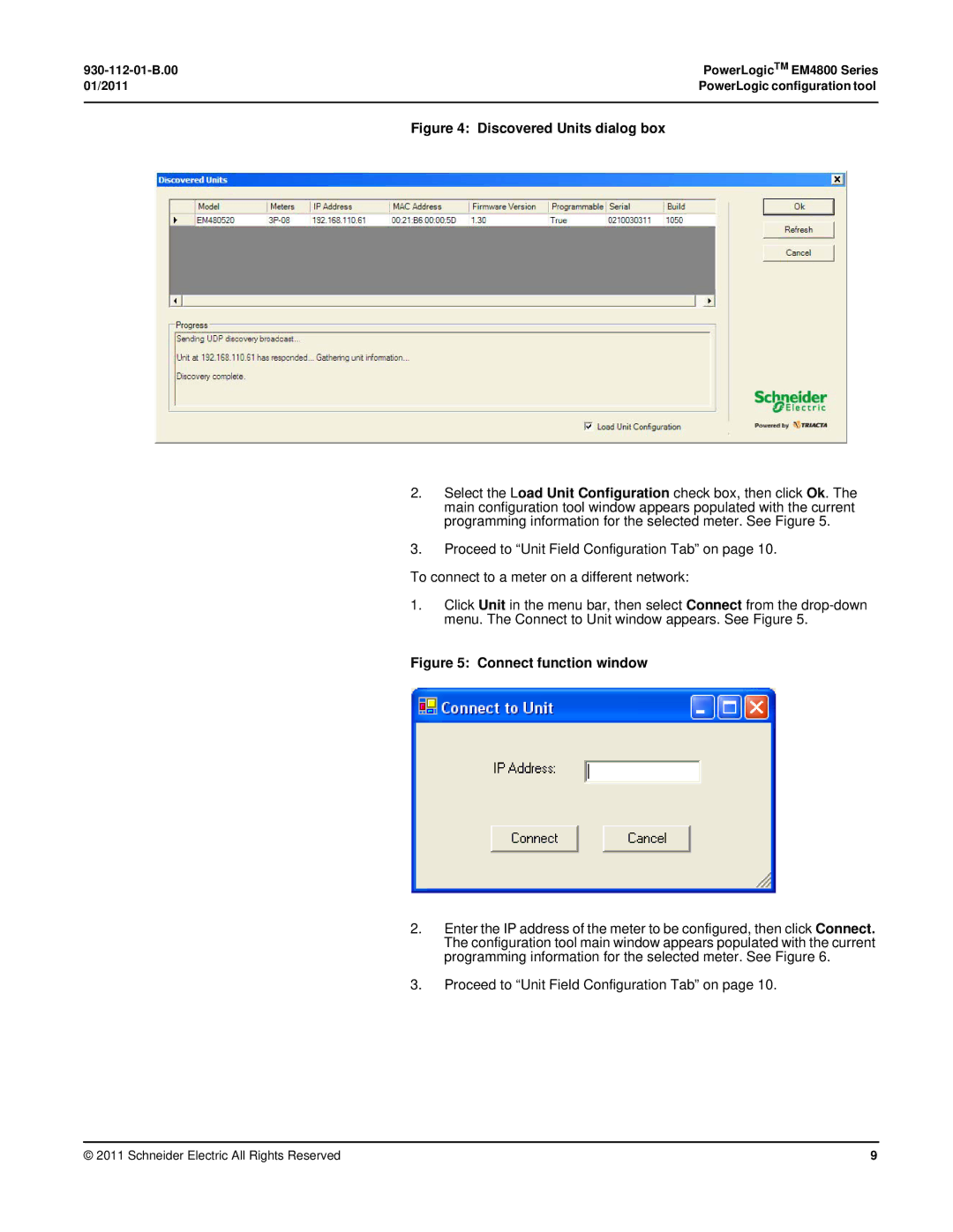 Schneider Electric EM4800 manual Discovered Units dialog box, Proceed to Unit Field Configuration Tab on 