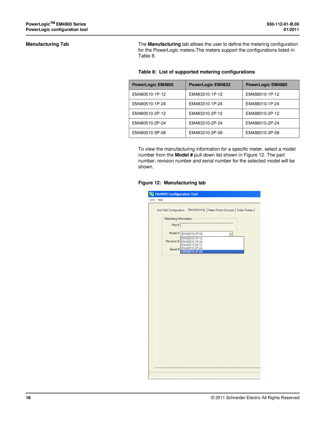 Schneider Electric EM4800 manual Manufacturing Tab, List of supported metering configurations 