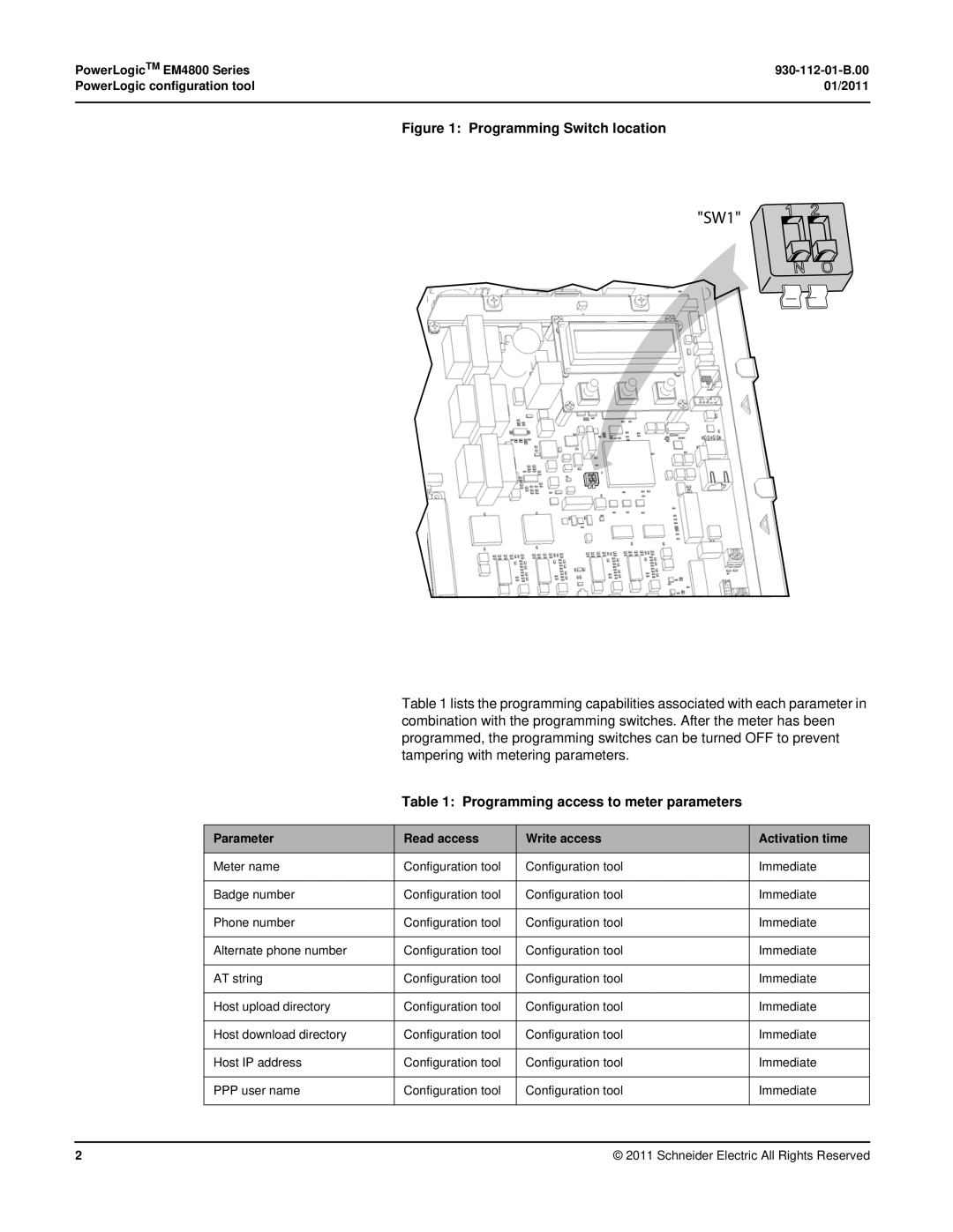 Schneider Electric EM4800 manual Programming access to meter parameters, Parameter Read access Write access Activation time 