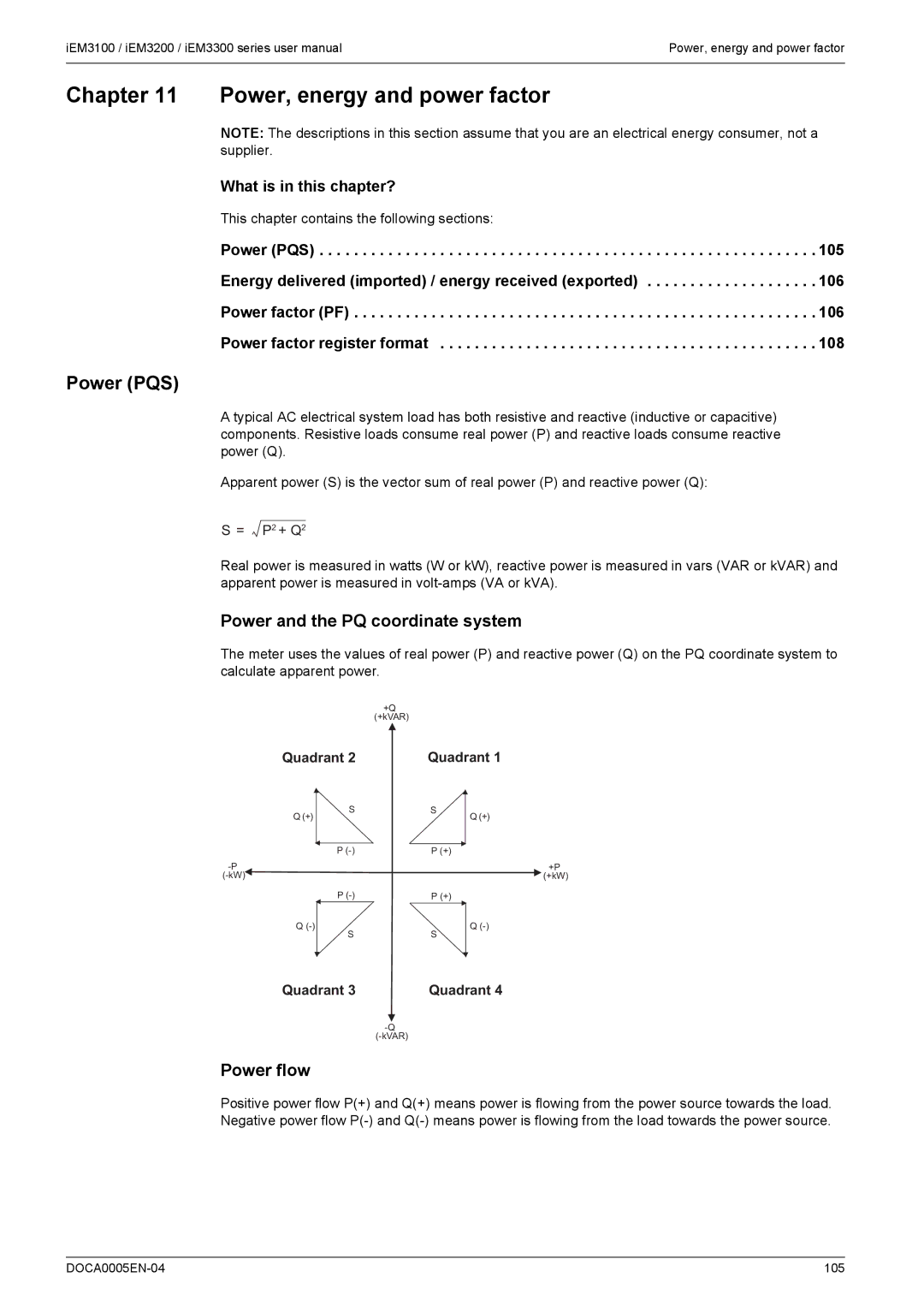 Schneider Electric iEM3300 Power, energy and power factor, Power PQS, Power and the PQ coordinate system, Power flow 