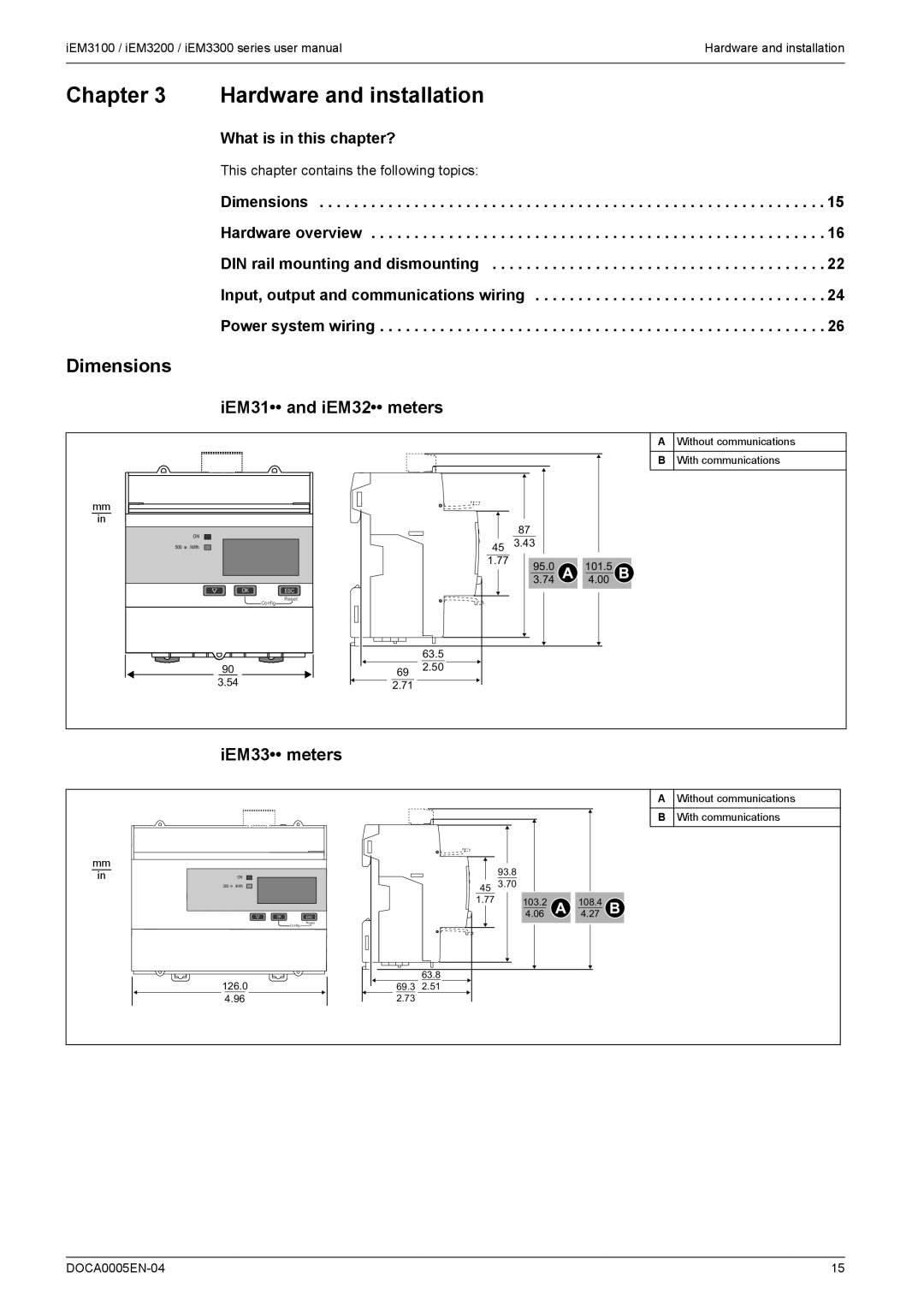 Schneider Electric iEM3300, iEM3200, iEM3100 Hardware and installation, Dimensions, IEM31 and iEM32 meters, IEM33 meters 