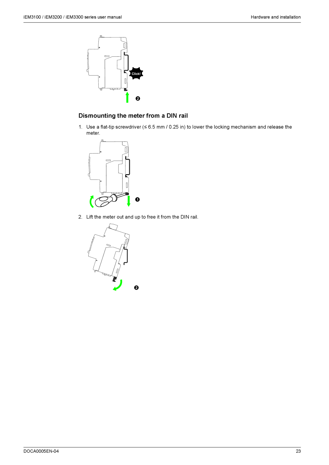 Schneider Electric iEM3100, iEM3300, iEM3200 user manual Dismounting the meter from a DIN rail 